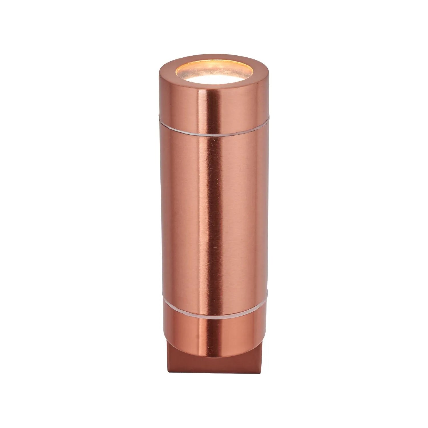Brushed Copper Outdoor Up & Down PIR Motion Sensor Wall Light Illuminating an Exterior Wall with Dual Up and Down Light Beams | Click Style