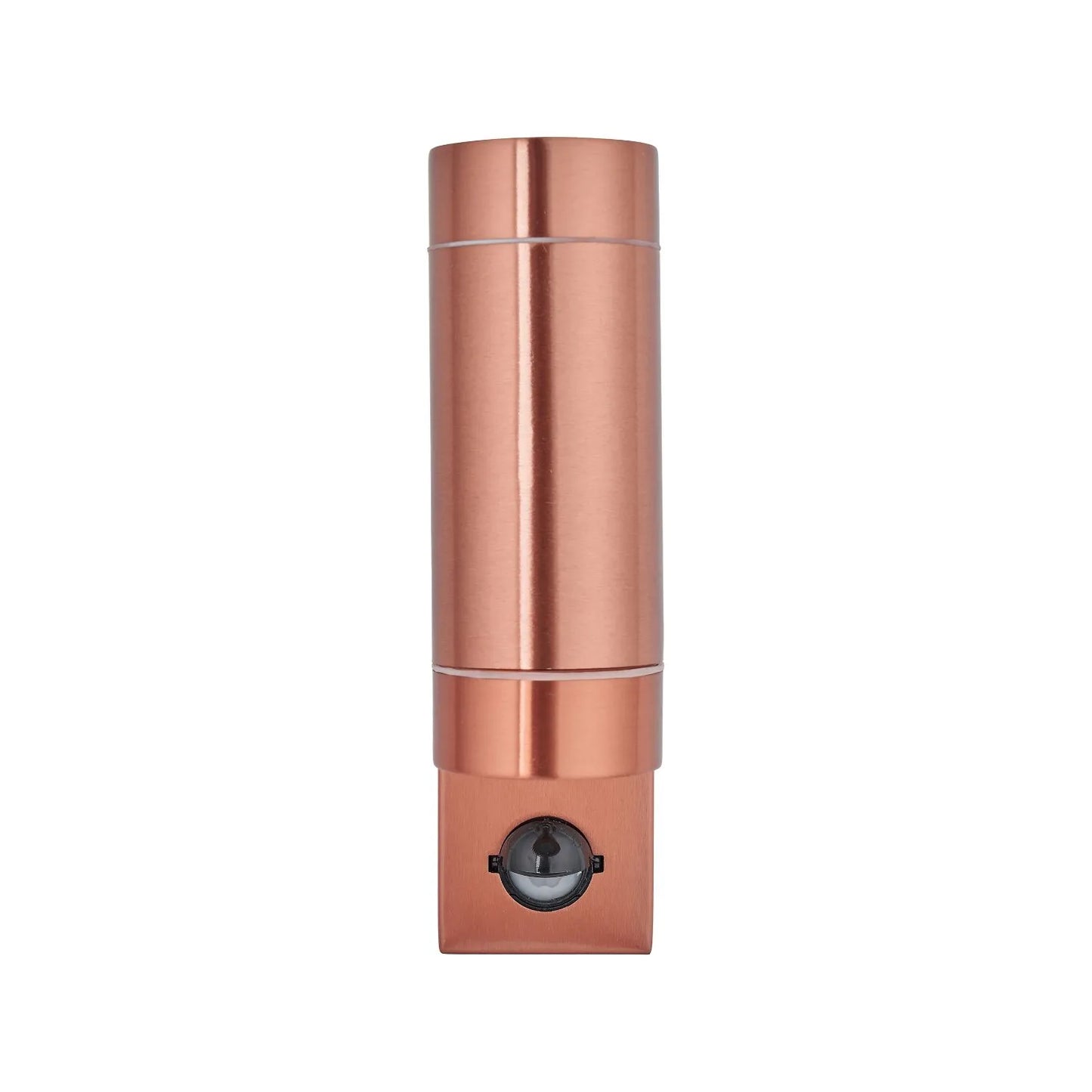 Brushed Copper Outdoor Up & Down PIR Motion Sensor Wall Light Illuminating an Exterior Wall with Dual Up and Down Light Beams | Click Style