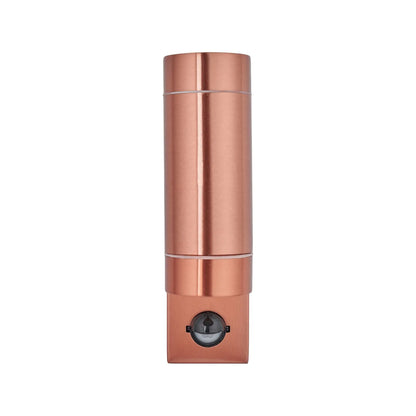 Brushed Copper Outdoor Up & Down PIR Motion Sensor Wall Light Illuminating an Exterior Wall with Dual Up and Down Light Beams | Click Style