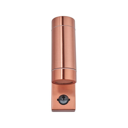 Brushed Copper Outdoor Up & Down PIR Motion Sensor Wall Light Illuminating an Exterior Wall with Dual Up and Down Light Beams | Click Style