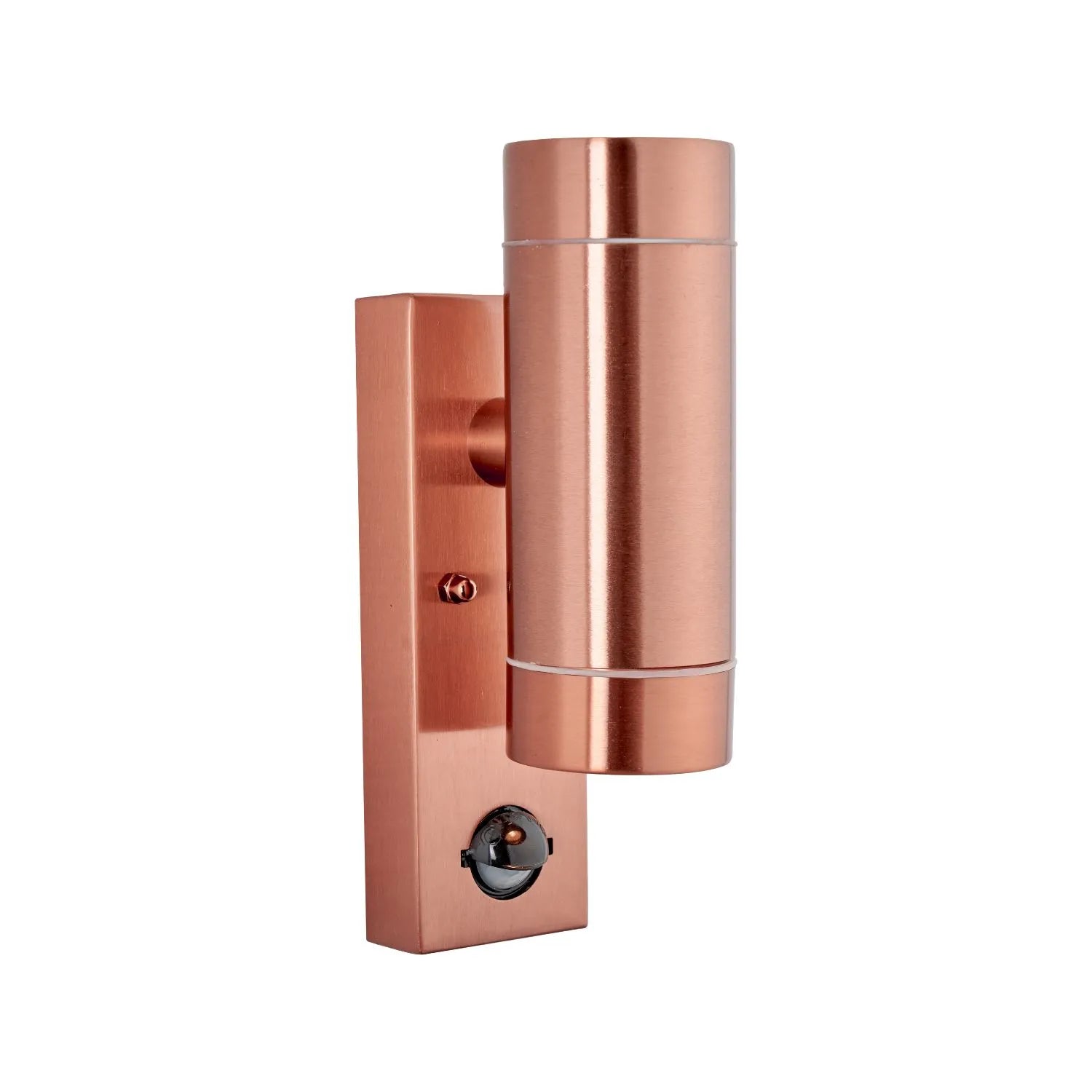 Brushed Copper Outdoor Up & Down PIR Motion Sensor Wall Light Illuminating an Exterior Wall with Dual Up and Down Light Beams | Click Style