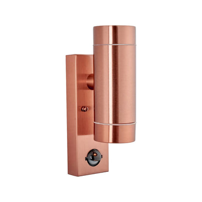 Brushed Copper Outdoor Up & Down PIR Motion Sensor Wall Light Illuminating an Exterior Wall with Dual Up and Down Light Beams | Click Style