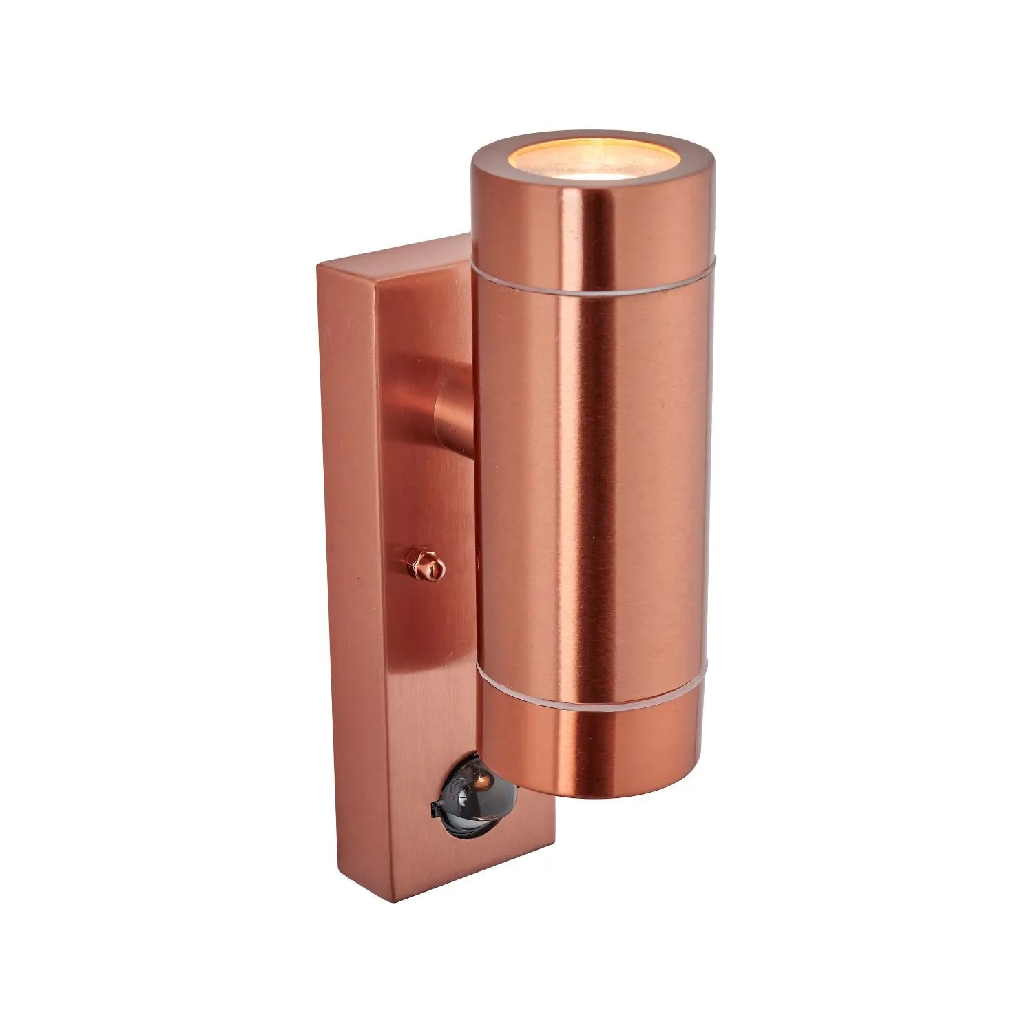 Brushed Copper Outdoor Up & Down PIR Motion Sensor Wall Light Illuminating an Exterior Wall with Dual Up and Down Light Beams | Click Style