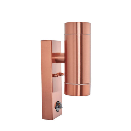 Brushed Copper Outdoor Up & Down PIR Motion Sensor Wall Light Illuminating an Exterior Wall with Dual Up and Down Light Beams | Click Style