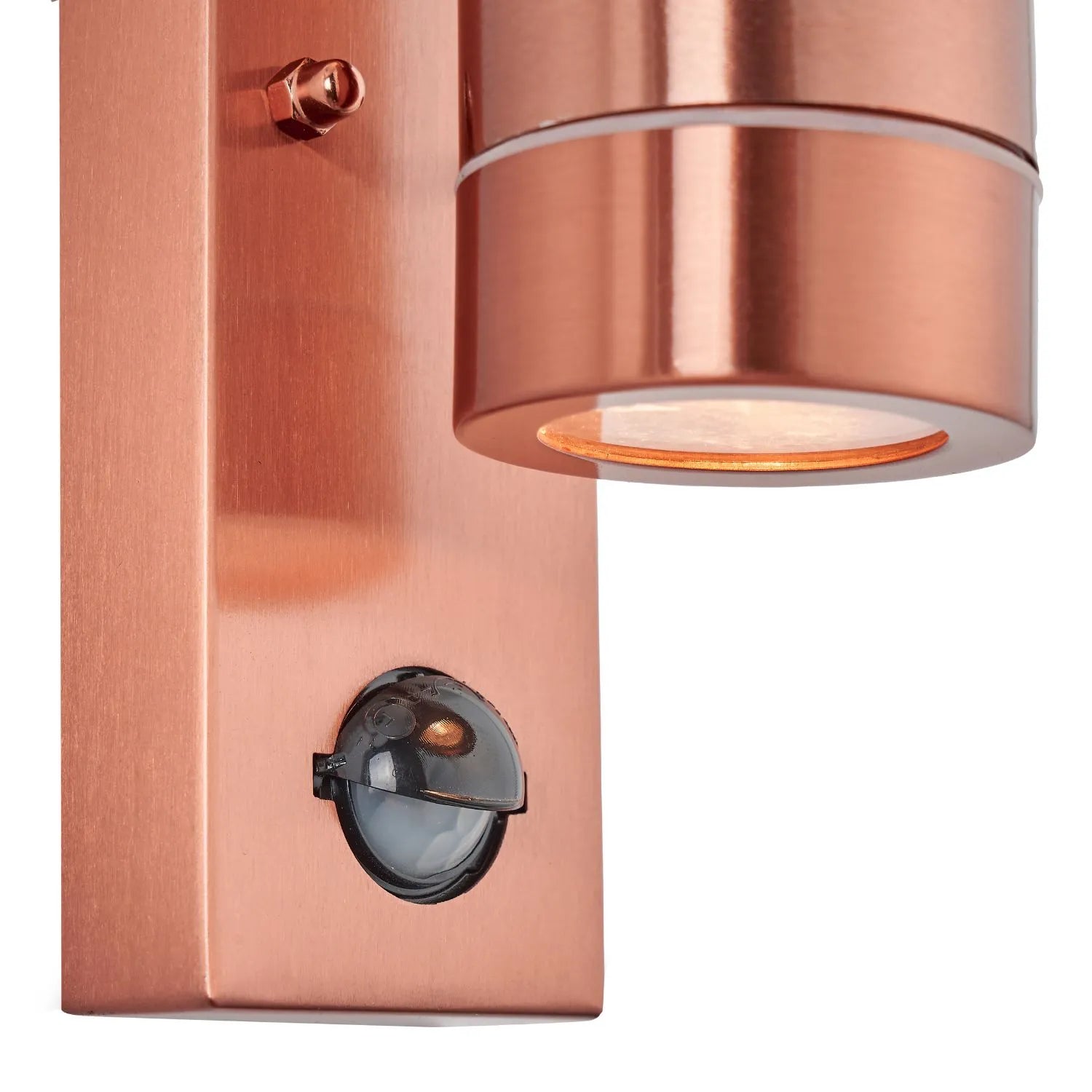 Brushed Copper Outdoor Up & Down PIR Motion Sensor Wall Light Illuminating an Exterior Wall with Dual Up and Down Light Beams | Click Style