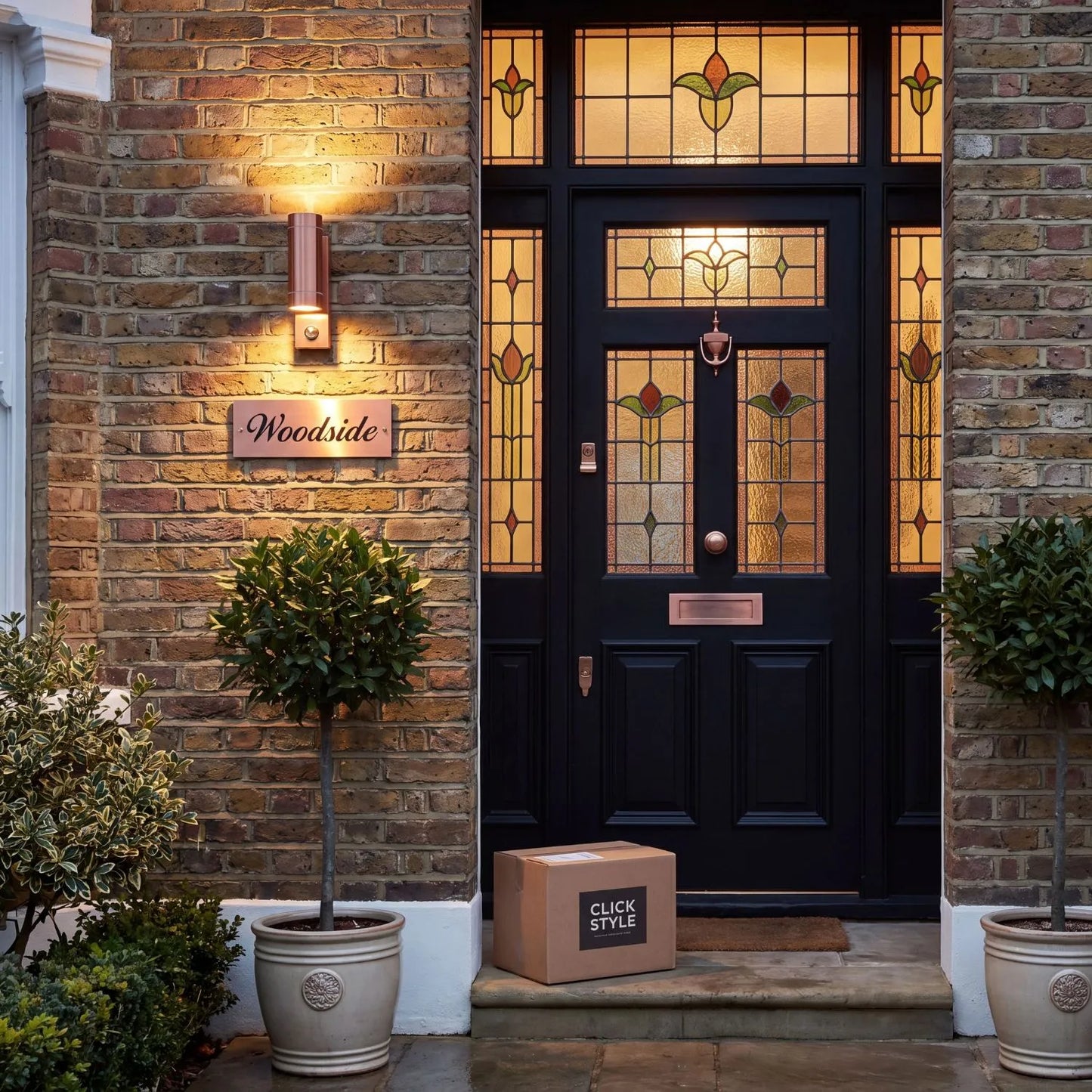 Brushed Copper Outdoor Up & Down PIR Motion Sensor Wall Light Illuminating an Exterior Wall with Dual Up and Down Light Beams | Click Style