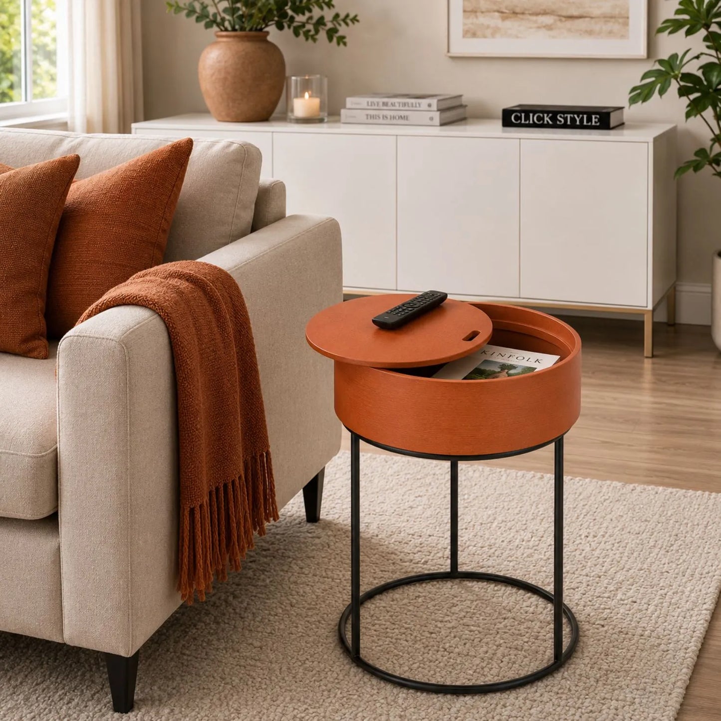 Burnt Orange Round Metal & Wood Storage Side Table with Removable Lid Black Metal Frame Raised Edge Burnt Orange Wooden Top Hidden Storage Compartment – Bedside Table or End Table 51.5x38cm | Click Style