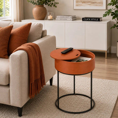Burnt Orange Round Metal & Wood Storage Side Table with Removable Lid Black Metal Frame Raised Edge Burnt Orange Wooden Top Hidden Storage Compartment – Bedside Table or End Table 51.5x38cm | Click Style