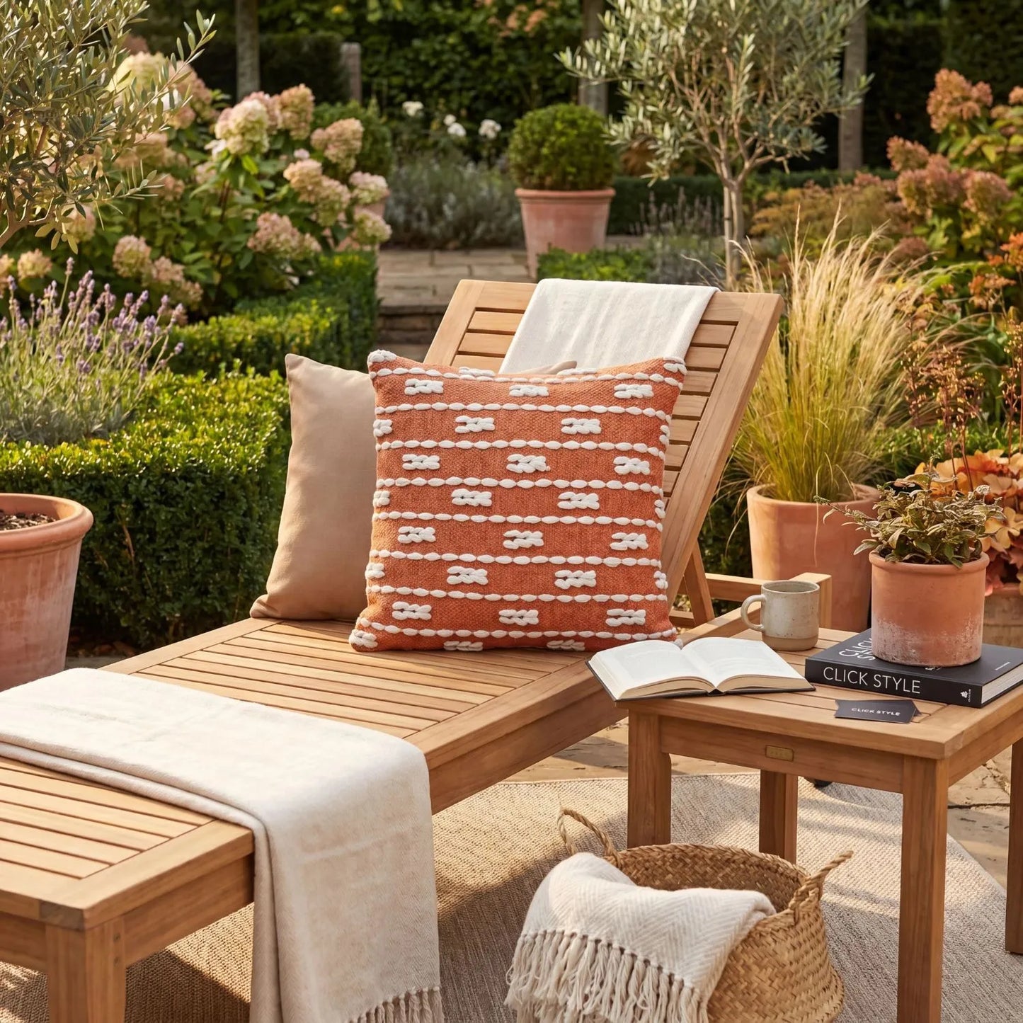 Burnt Orange & White Square Indoor Outdoor Cushion with Braided Bohemian Design – Recycled Weather-Resistant & Durable 45x45x10cm