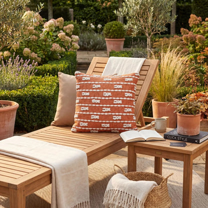 Burnt Orange & White Square Indoor Outdoor Cushion with Braided Bohemian Design – Recycled Weather-Resistant & Durable 45x45x10cm