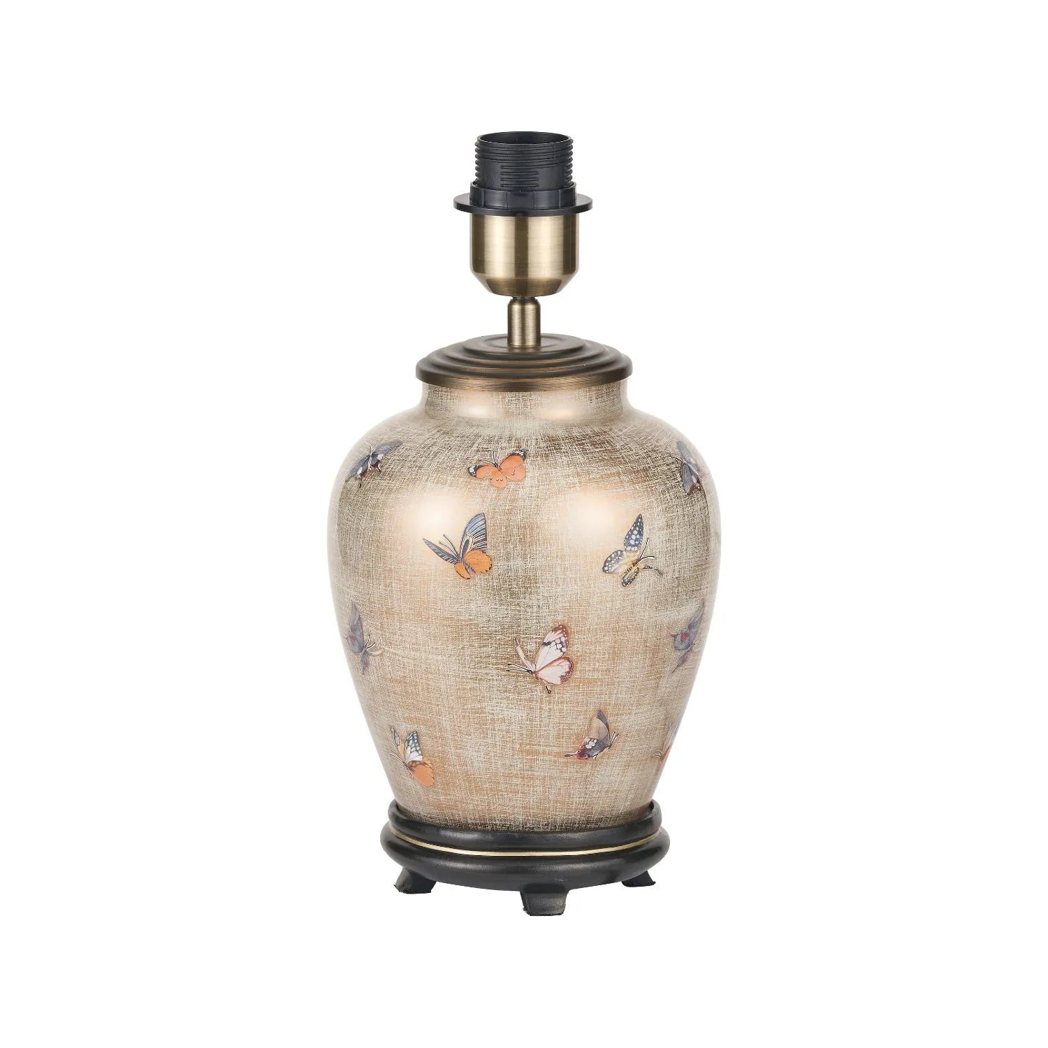 Jenny Worrall butterflies distressed gold and off-white bulbous glass table lamp base with antique brass feet – handcrafted small butterfly statement lighting 30x16x16cm | Click Style