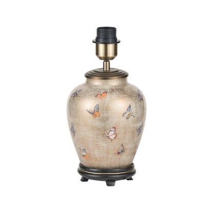 Jenny Worrall butterflies distressed gold and off-white bulbous glass table lamp base with antique brass feet – handcrafted small butterfly statement lighting 30x16x16cm | Click Style