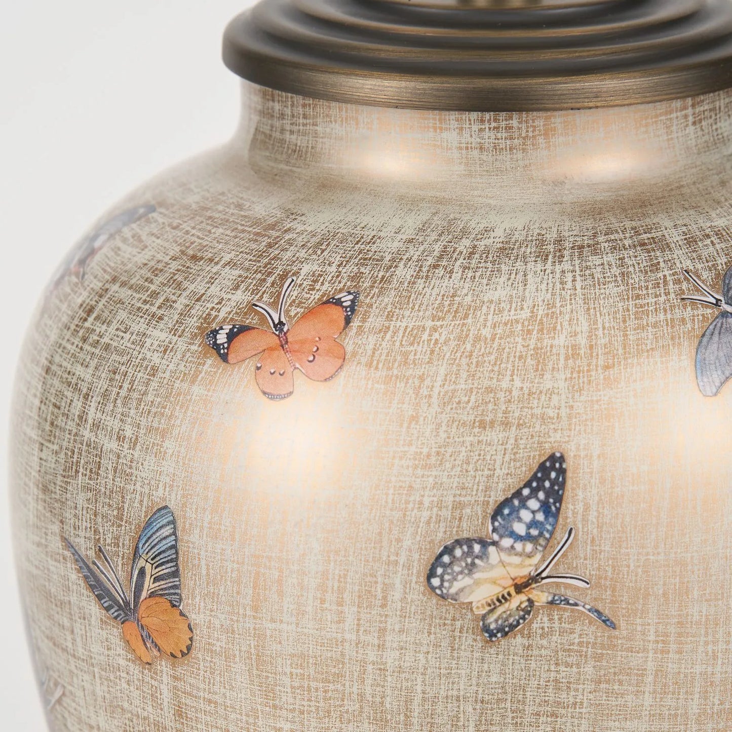 Jenny Worrall butterflies distressed gold and off-white bulbous glass table lamp base with antique brass feet – handcrafted small butterfly statement lighting 30x16x16cm | Click Style