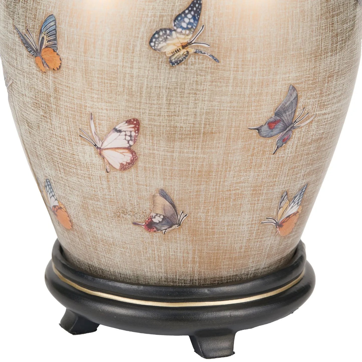 Jenny Worrall butterflies distressed gold and off-white bulbous glass table lamp base with antique brass feet – handcrafted small butterfly statement lighting 30x16x16cm | Click Style