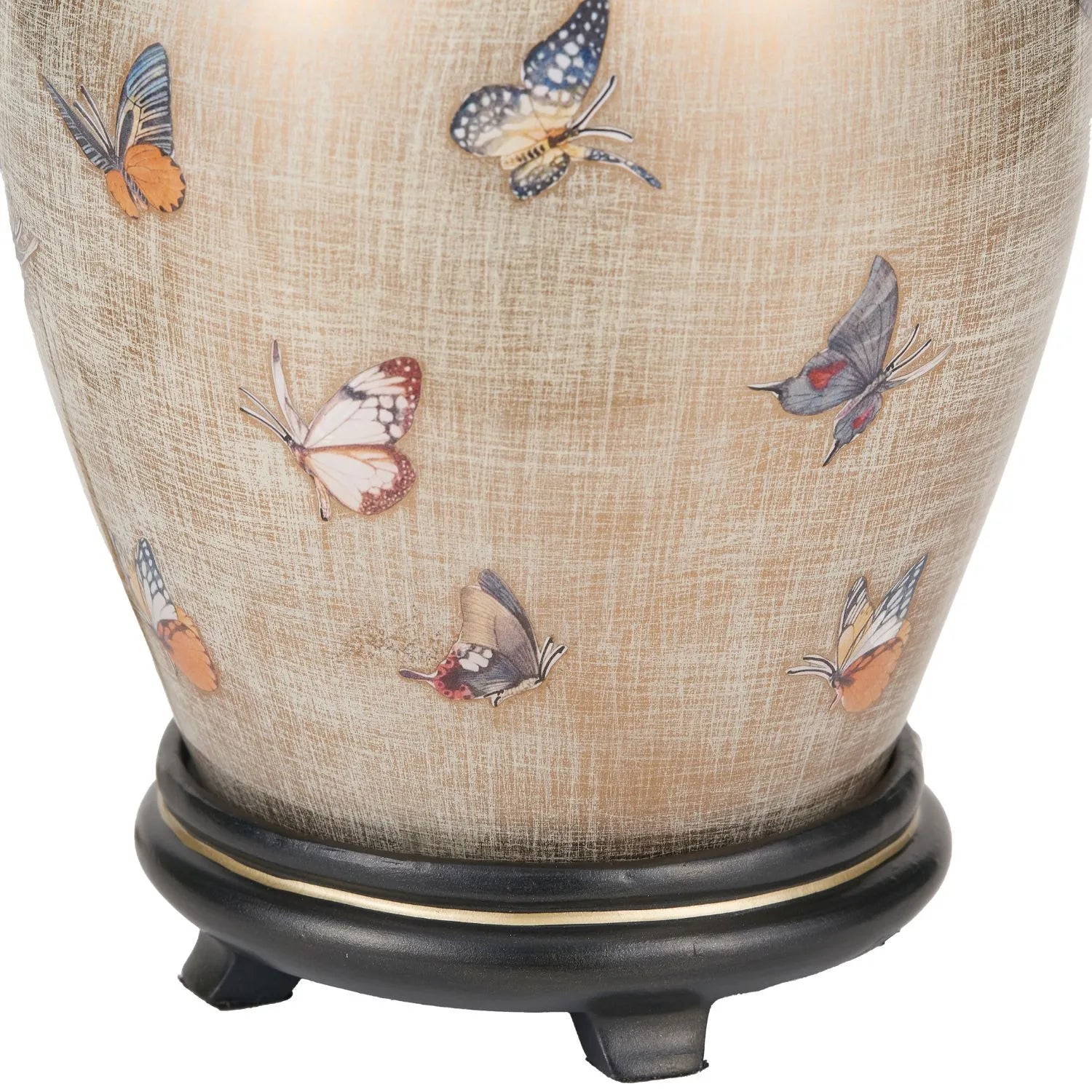 Jenny Worrall butterflies distressed gold and off-white bulbous glass table lamp base with antique brass feet – handcrafted small butterfly statement lighting 30x16x16cm | Click Style