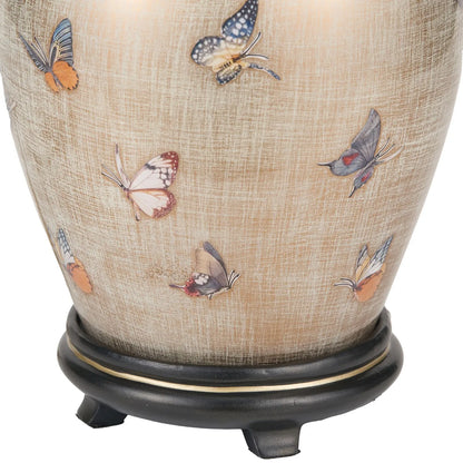 Jenny Worrall butterflies distressed gold and off-white bulbous glass table lamp base with antique brass feet – handcrafted small butterfly statement lighting 30x16x16cm | Click Style