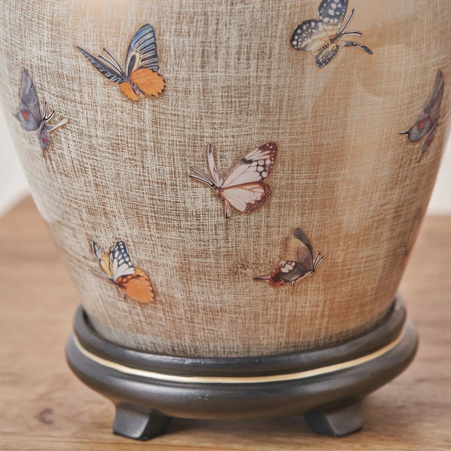 Jenny Worrall butterflies distressed gold and off-white bulbous glass table lamp base with antique brass feet – handcrafted small butterfly statement lighting 30x16x16cm | Click Style