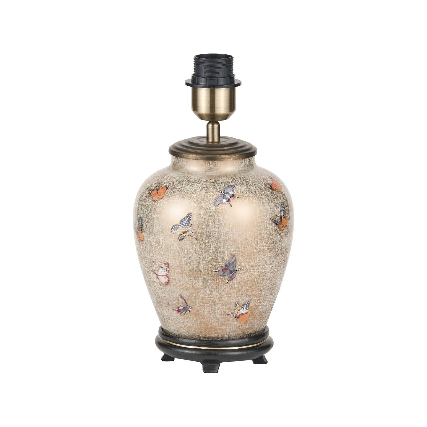 Jenny Worrall butterflies distressed gold and off-white bulbous glass table lamp base with antique brass feet – handcrafted small butterfly statement lighting 30x16x16cm | Click Style