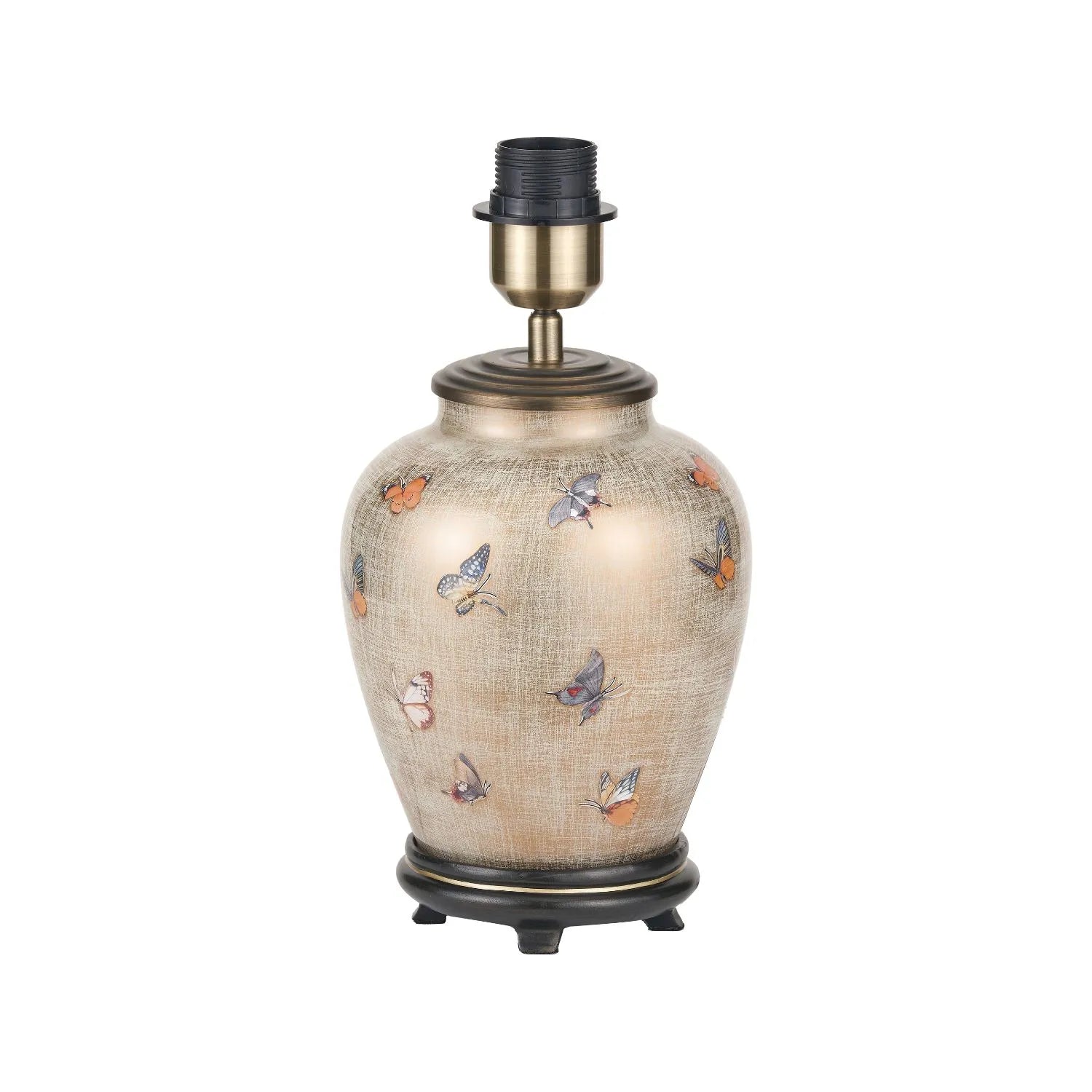 Jenny Worrall butterflies distressed gold and off-white bulbous glass table lamp base with antique brass feet – handcrafted small butterfly statement lighting 30x16x16cm | Click Style