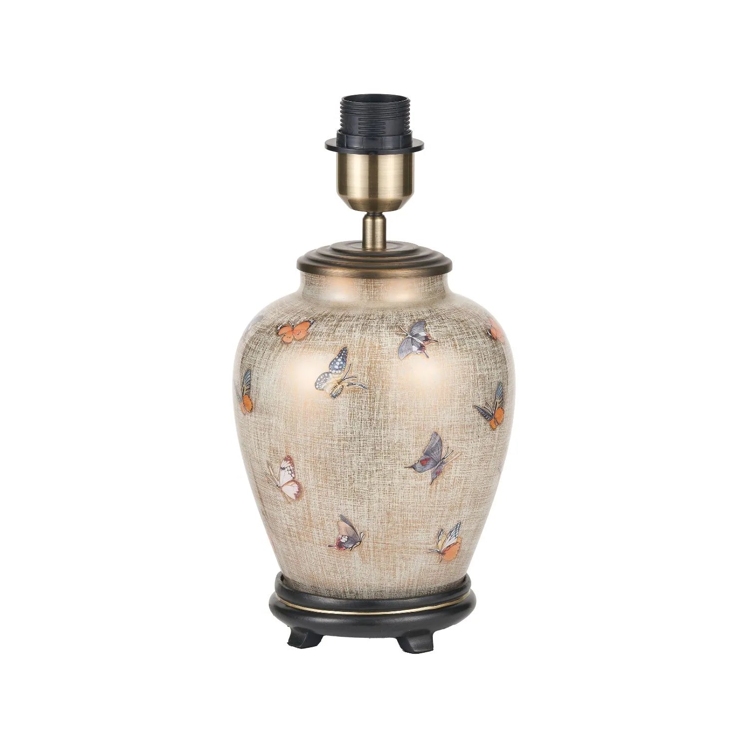 Jenny Worrall butterflies distressed gold and off-white bulbous glass table lamp base with antique brass feet – handcrafted small butterfly statement lighting 30x16x16cm | Click Style