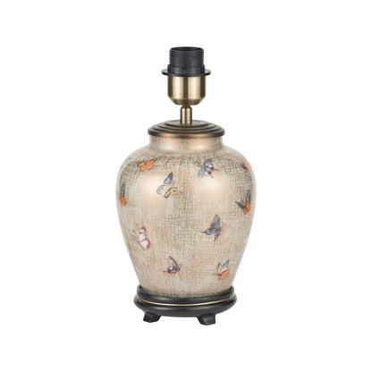 Jenny Worrall butterflies distressed gold and off-white bulbous glass table lamp base with antique brass feet – handcrafted small butterfly statement lighting 30x16x16cm | Click Style