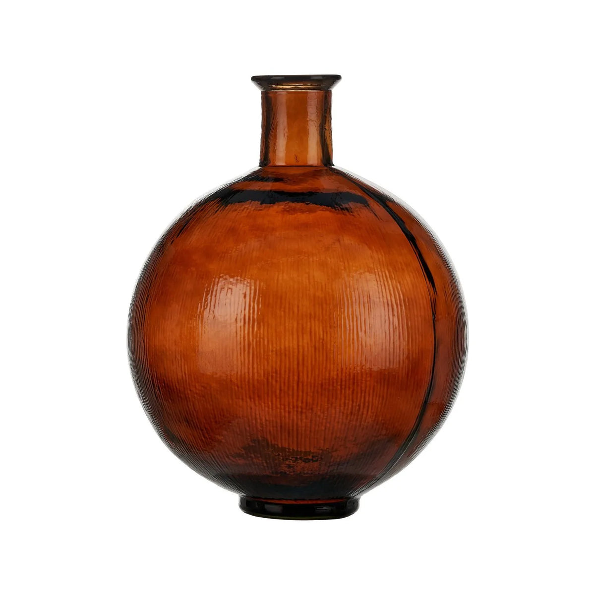 Chestnut Brown Recycled Glass Ribbed Vase with Bulbous Shape & Narrow Neck – Large Floor Standing Vase 42x34x34cm – Angled Product View | Click Style
