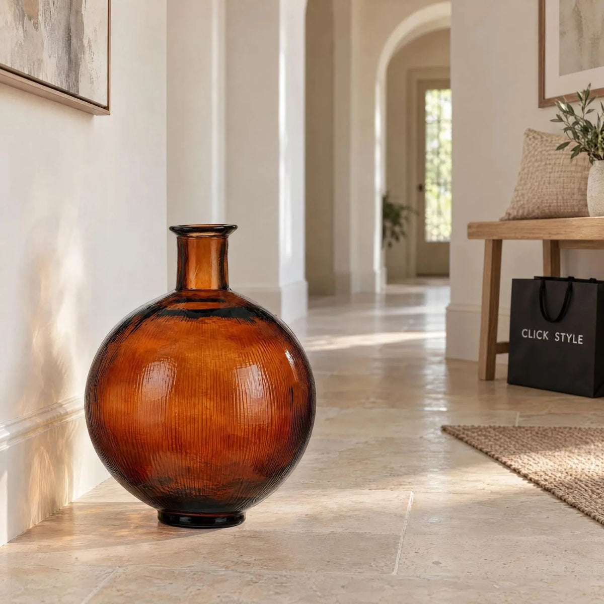 Chestnut Brown Recycled Glass Ribbed Vase with Bulbous Shape & Narrow Neck – Large Floor Standing Vase 42x34x34cm – Architectural Hallway Lifestyle | Click Style