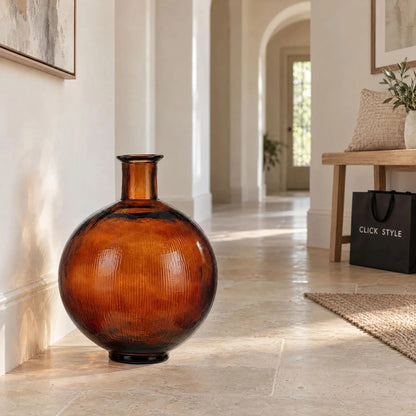 Chestnut Brown Recycled Glass Ribbed Vase with Bulbous Shape & Narrow Neck – Large Floor Standing Vase 42x34x34cm – Architectural Hallway Lifestyle | Click Style