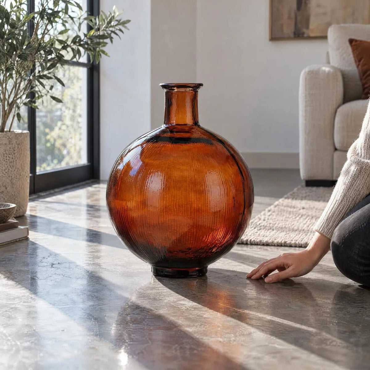 Chestnut Brown Recycled Glass Ribbed Vase with Bulbous Shape & Narrow Neck – Large Floor Standing Vase 42x34x34cm – Living Room Floor Lifestyle with Scale | Click Style