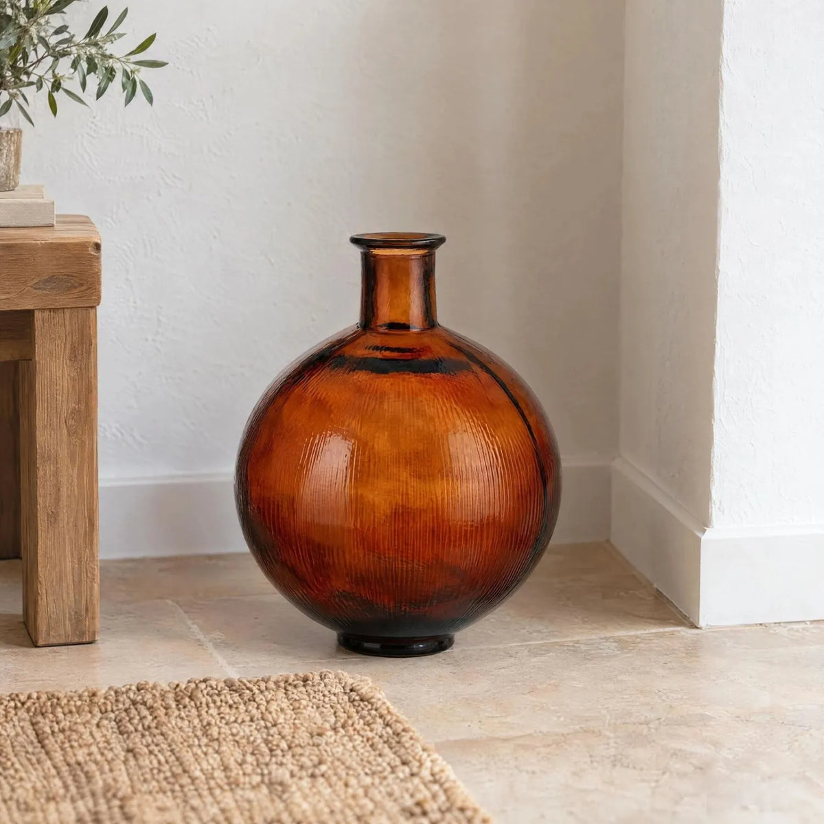 Chestnut Brown Recycled Glass Ribbed Vase with Bulbous Shape & Narrow Neck – Large Floor Standing Vase 42x34x34cm – Neutral Interior Floor Lifestyle | Click Style