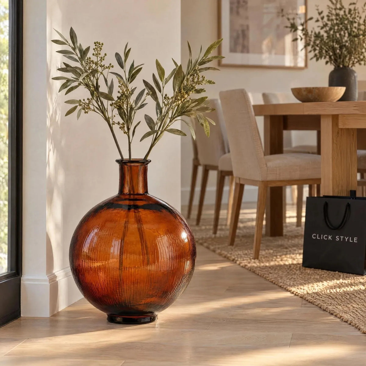 Chestnut Brown Recycled Glass Ribbed Vase with Bulbous Shape & Narrow Neck – Large Floor Standing Vase 42x34x34cm – Styled with Artificial Foliage in Dining Room | Click Style