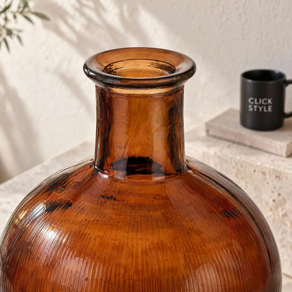 Chestnut Brown Recycled Glass Ribbed Vase with Bulbous Shape & Narrow Neck – Large Floor Standing Vase 42x34x34cm – Rolled Rim & Narrow Neck Close-Up | Click Style