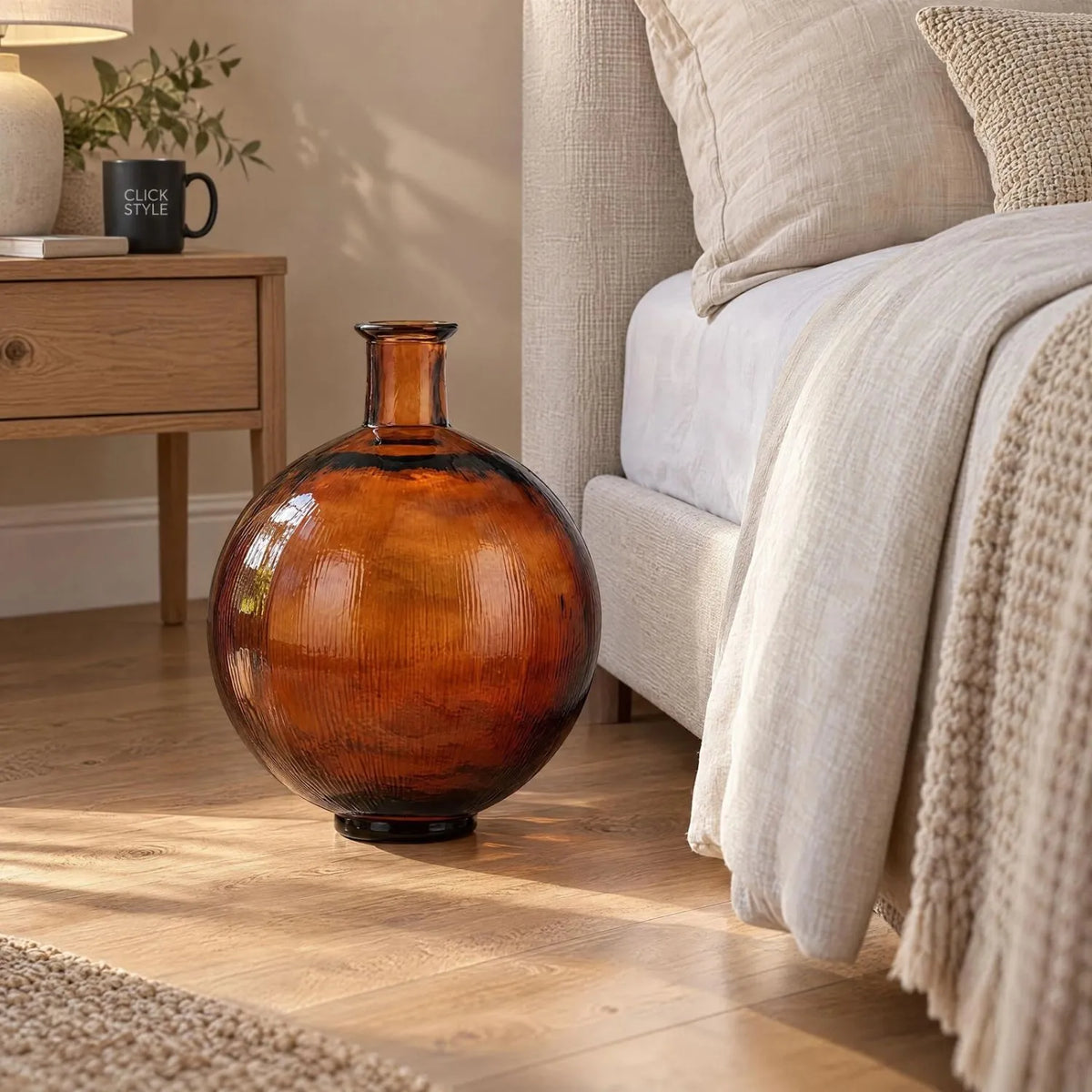 Chestnut Brown Recycled Glass Ribbed Vase with Bulbous Shape & Narrow Neck – Large Floor Standing Vase 42x34x34cm – Bedroom Floor Lifestyle | Click Style