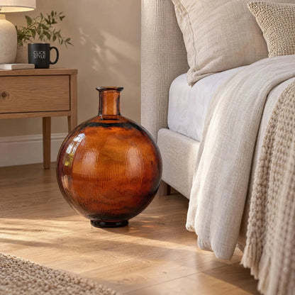 Chestnut Brown Recycled Glass Ribbed Vase with Bulbous Shape & Narrow Neck – Large Floor Standing Vase 42x34x34cm – Bedroom Floor Lifestyle | Click Style