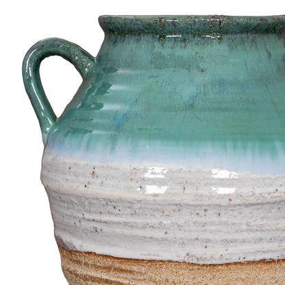 Coastal Green Teal White & Light Brown Glazed Ceramic Amphora Vase with Side Handles – Textured Floor Standing Vase 38x35x35cm – Side Handle & Glazed Ceramic Detail Close-Up | Click Style