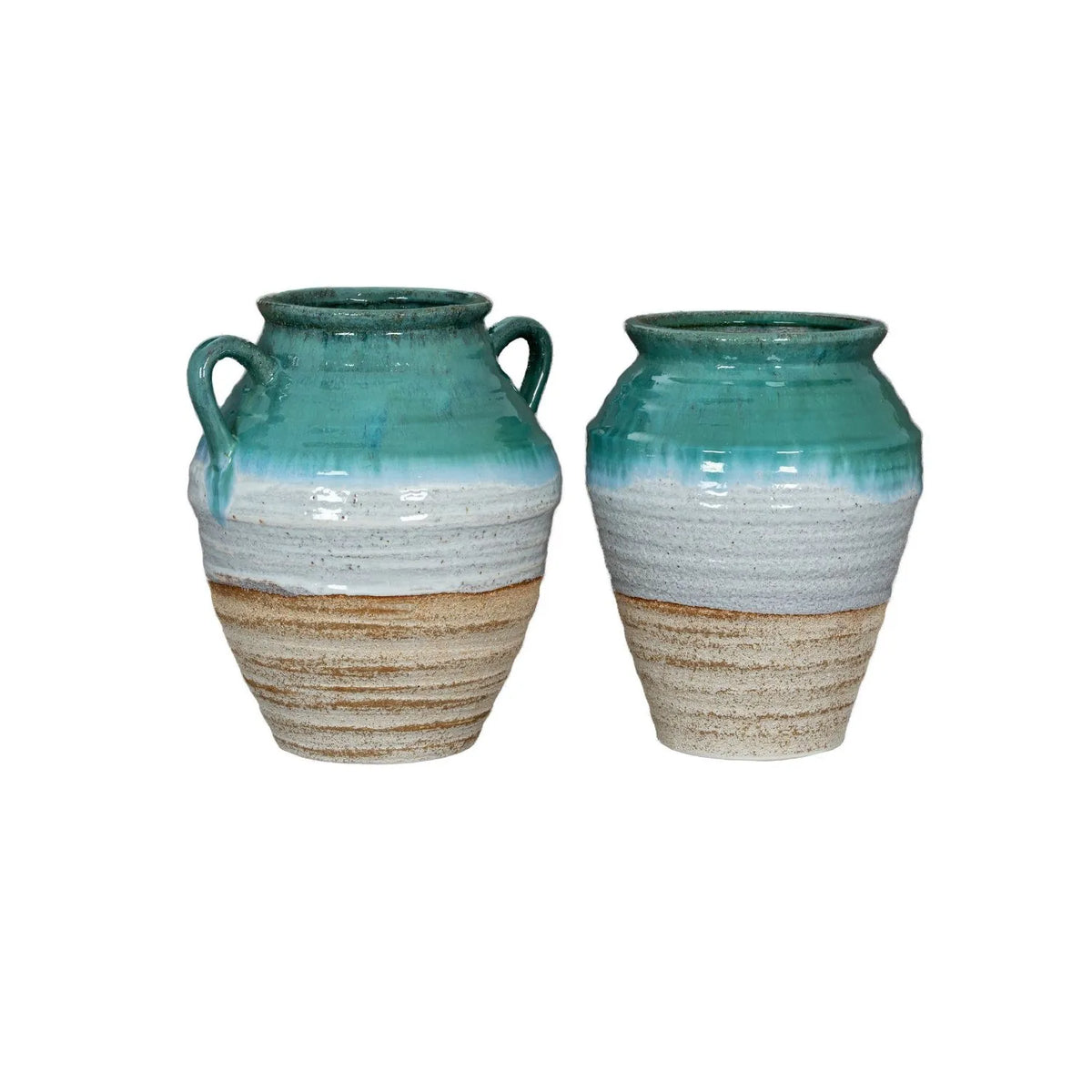 Coastal Green Teal White & Light Brown Glazed Ceramic Amphora Vase with Side Handles – Textured Floor Standing Vase 38x35x35cm – Handled & Handle-Free Product Views | Click Style
