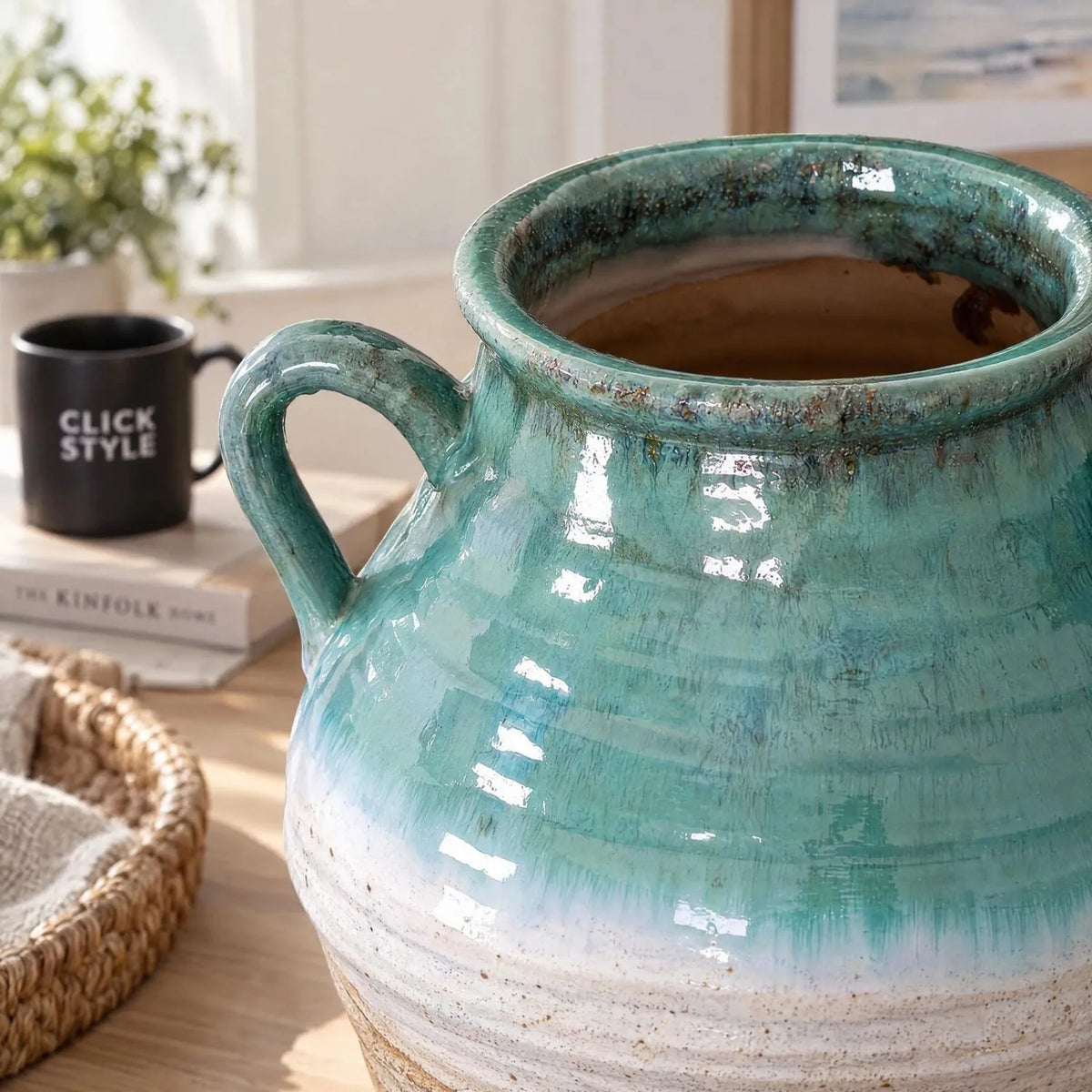 Coastal Green Teal White & Light Brown Glazed Ceramic Amphora Vase with Side Handles – Textured Floor Standing Vase 38x35x35cm – Opening Rolled Rim & Left Handle Close-Up | Click Style