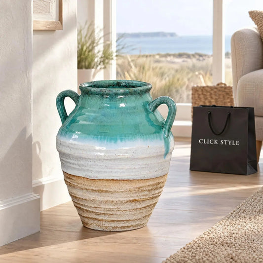 Coastal Green Teal White & Light Brown Glazed Ceramic Amphora Vase with Side Handles – Textured Floor Standing Vase 38x35x35cm – Coastal Living Room Lifestyle | Click Style