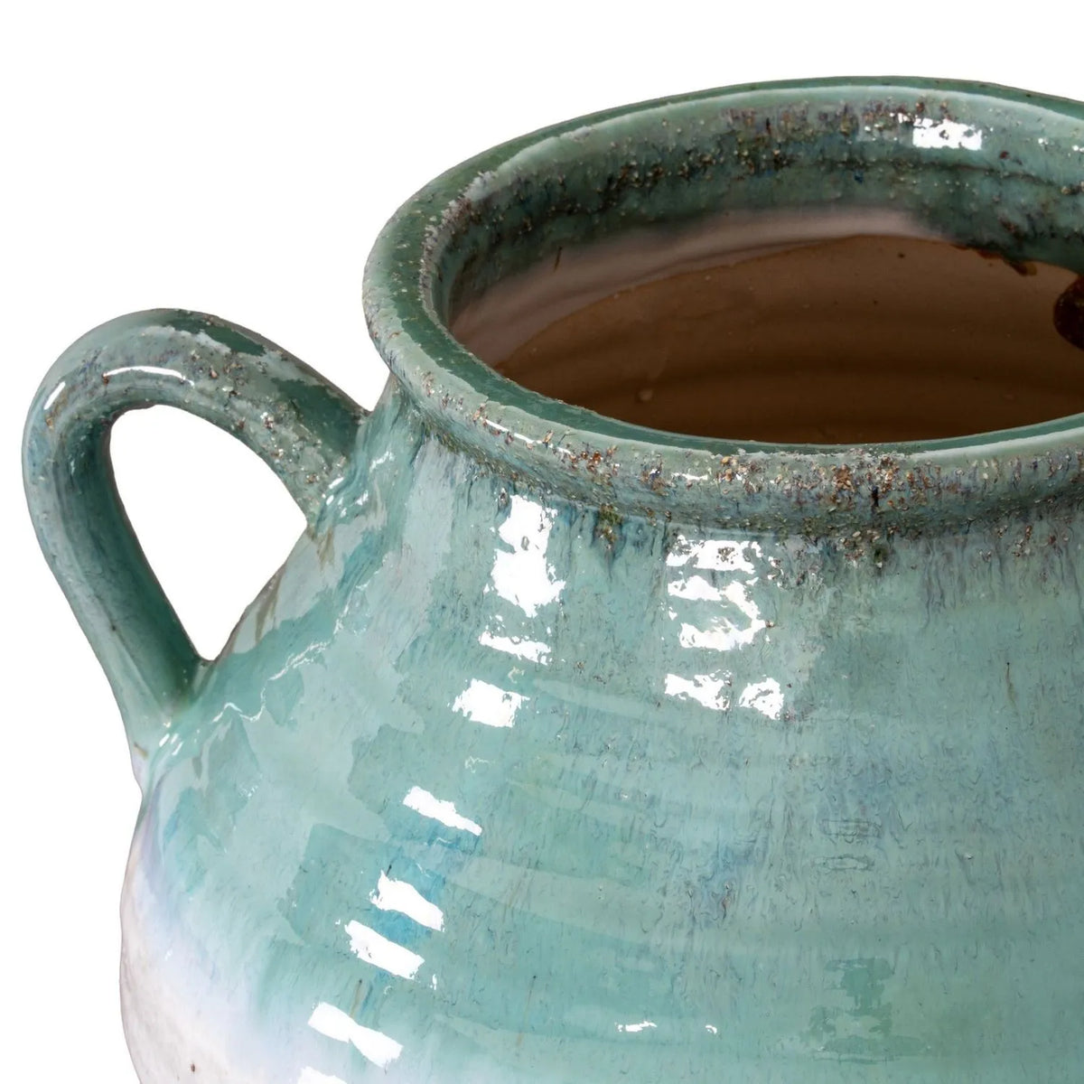 Coastal Green Teal White & Light Brown Glazed Ceramic Amphora Vase with Side Handles – Textured Floor Standing Vase 38x35x35cm – Rolled Rim Side Handle & Glazed Finish Close-Up | Click Style