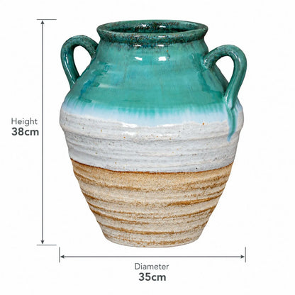 Coastal Green Teal White & Light Brown Glazed Ceramic Amphora Vase with Side Handles – Textured Floor Standing Vase 38x35x35cm – Dimensions Diagram 38cm Height 35cm Diameter | Click Style