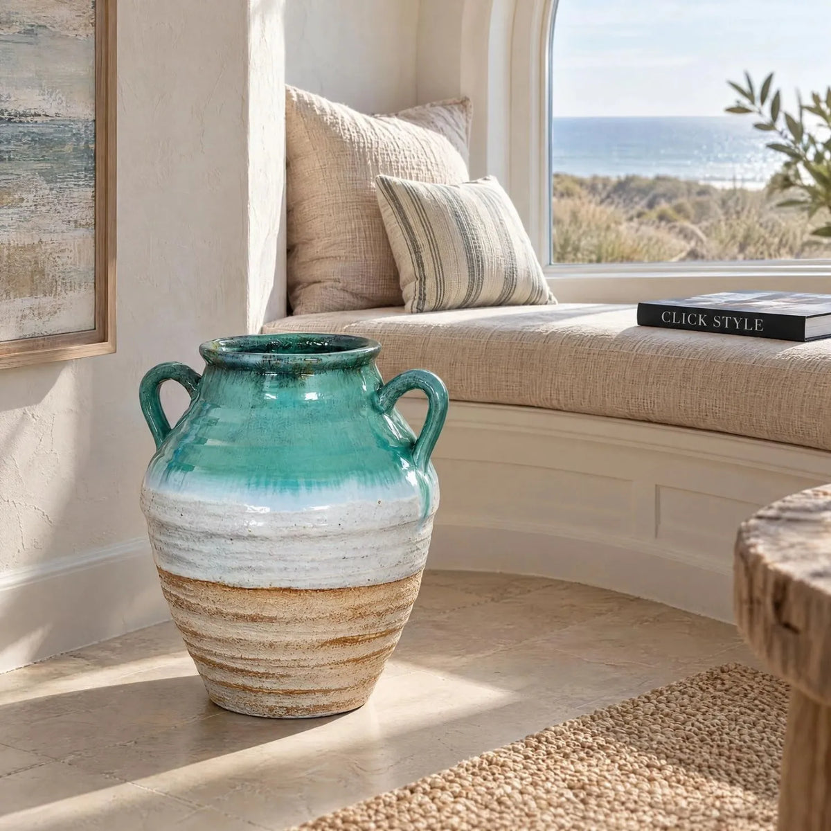 Coastal Green Teal White & Light Brown Glazed Ceramic Amphora Vase with Side Handles – Textured Floor Standing Vase 38x35x35cm – Coastal Window Seat Lifestyle | Click Style
