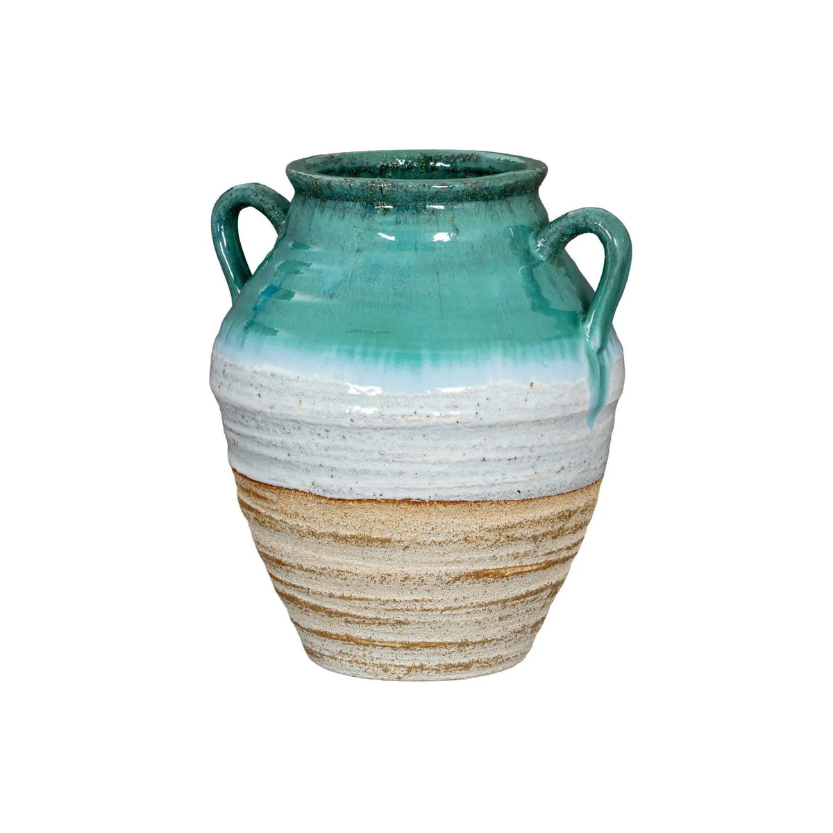 Coastal Green Teal White & Light Brown Glazed Ceramic Amphora Vase with Side Handles – Textured Floor Standing Vase 38x35x35cm – Full Front Product View | Click Style