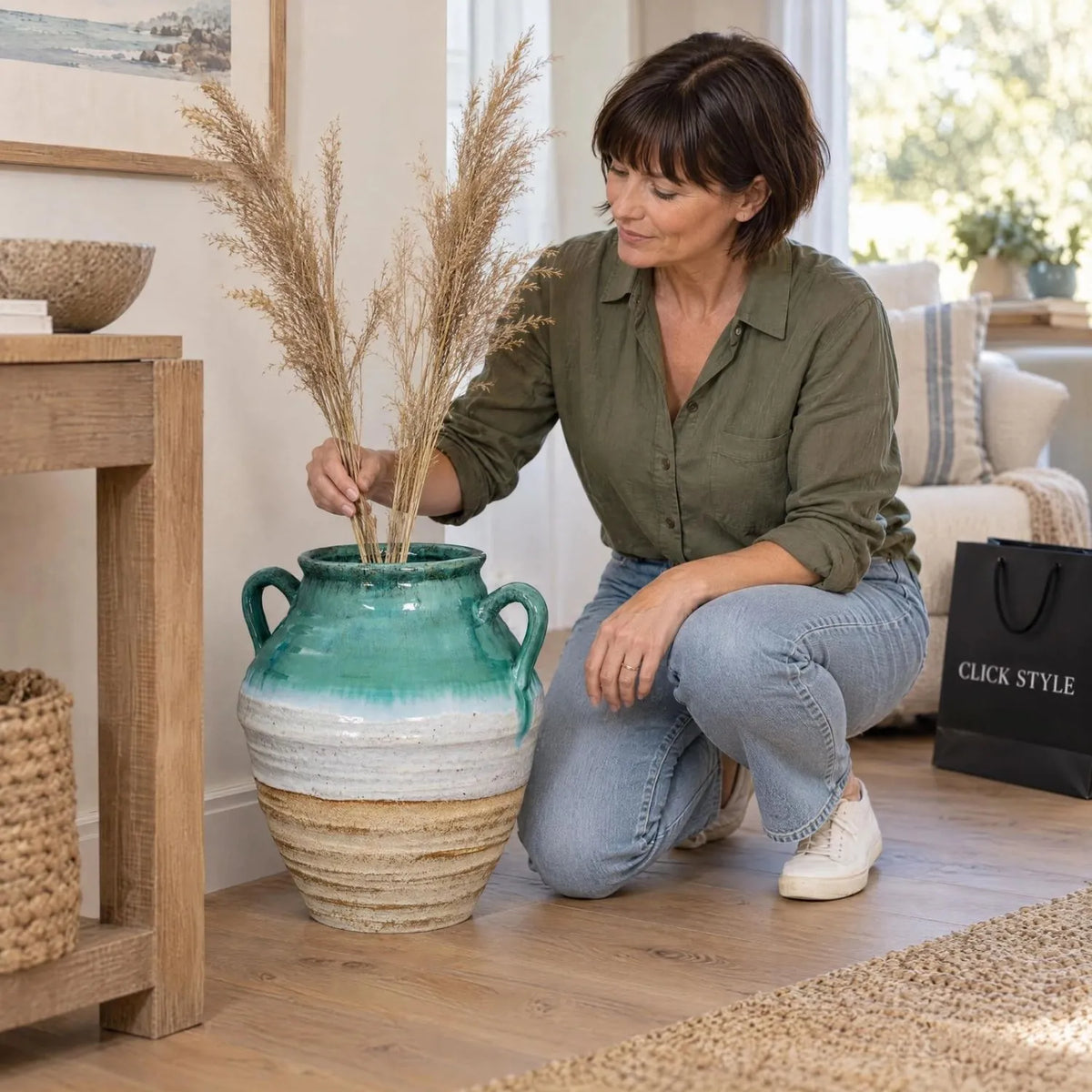 Coastal Green Teal White & Light Brown Glazed Ceramic Amphora Vase with Side Handles – Textured Floor Standing Vase 38x35x35cm – Woman Styling with Dried Grasses | Click Style