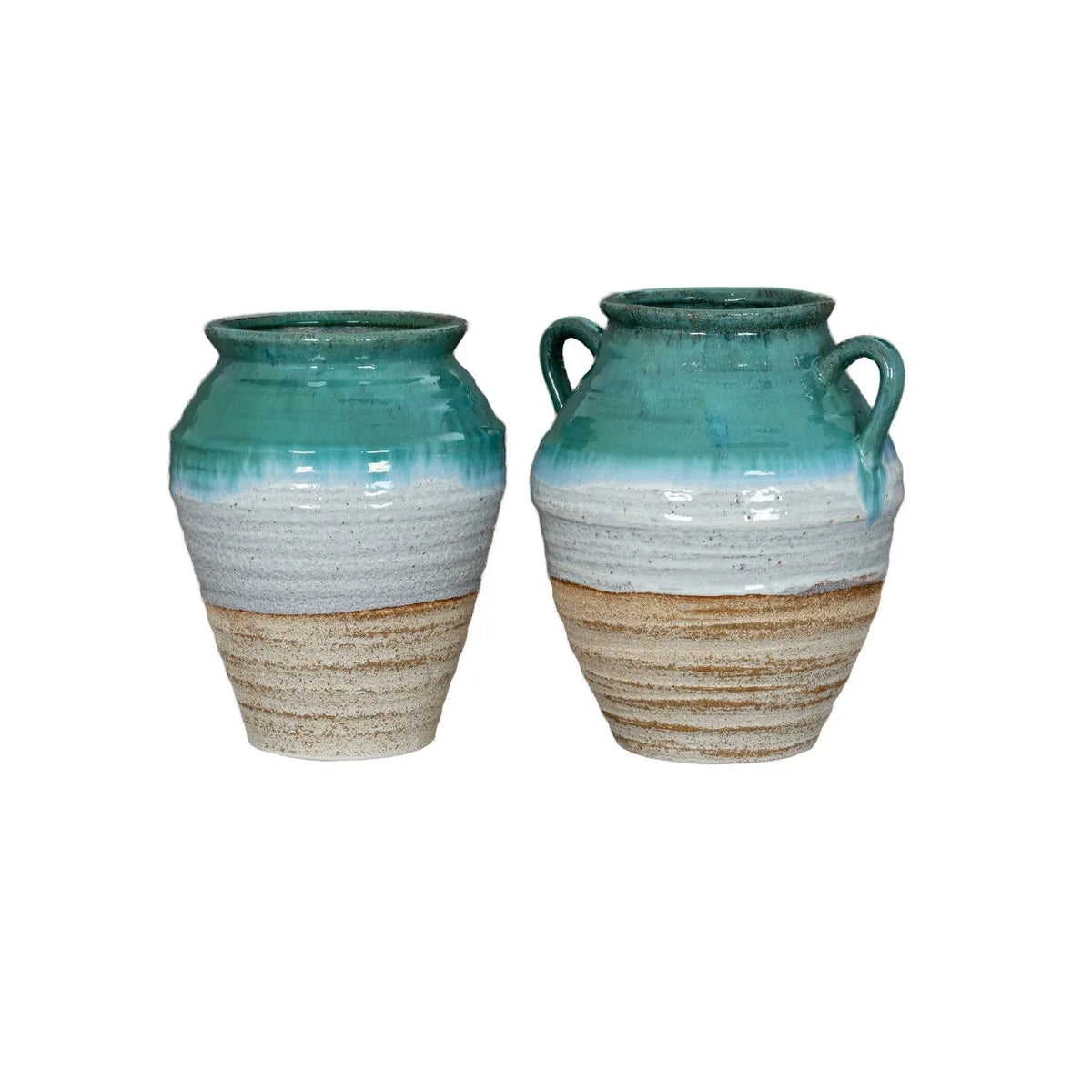Coastal Green Teal White & Light Brown Glazed Ceramic Olpe Vase with Rolled Rim – Textured Floor Standing Vase 35x28x28cm – Shown Beside Coordinating Handled Amphora Vase | Click Style