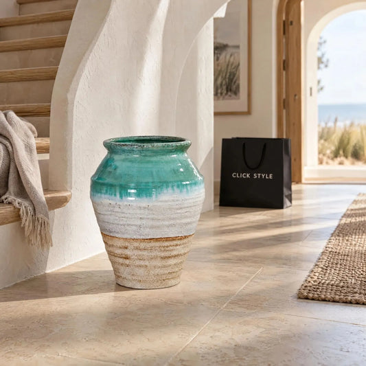 Coastal Green Teal White & Light Brown Glazed Ceramic Olpe Vase with Rolled Rim – Textured Floor Standing Vase 35x28x28cm – Coastal Hallway Floor Standing Lifestyle | Click Style