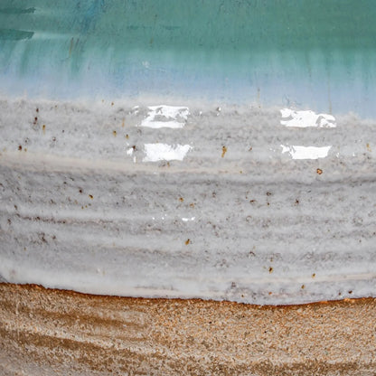 Coastal Green Teal White & Light Brown Glazed Ceramic Olpe Vase with Rolled Rim – Textured Floor Standing Vase 35x28x28cm – White & Light Brown Textured Ceramic Detail Close-Up | Click Style
