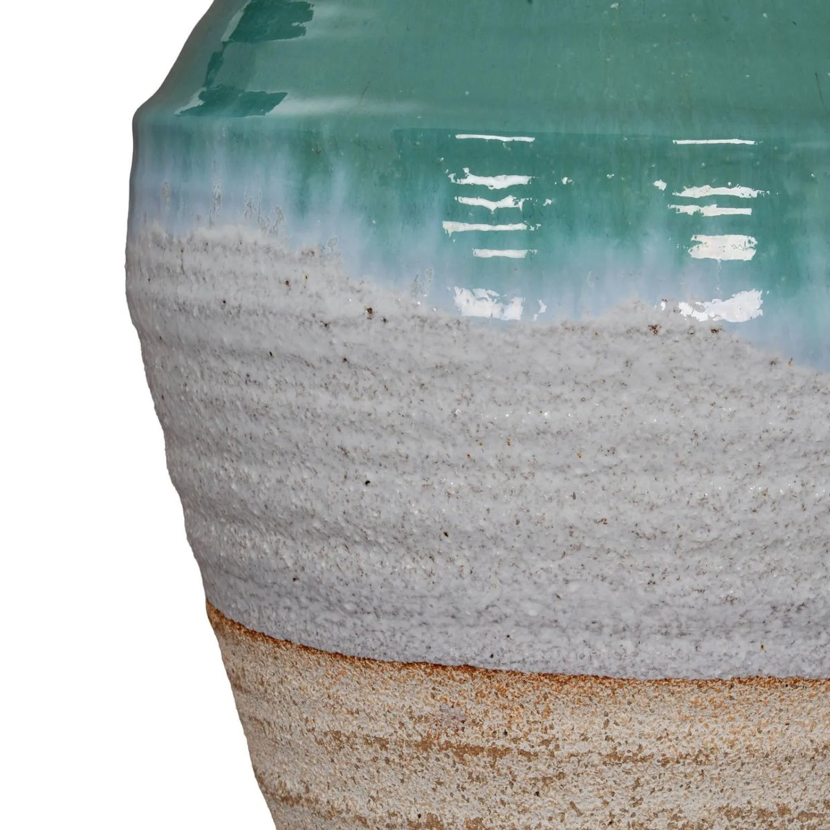 Coastal Green Teal White & Light Brown Glazed Ceramic Olpe Vase with Rolled Rim – Textured Floor Standing Vase 35x28x28cm – Green Teal White & Light Brown Glaze Texture Close-Up | Click Style