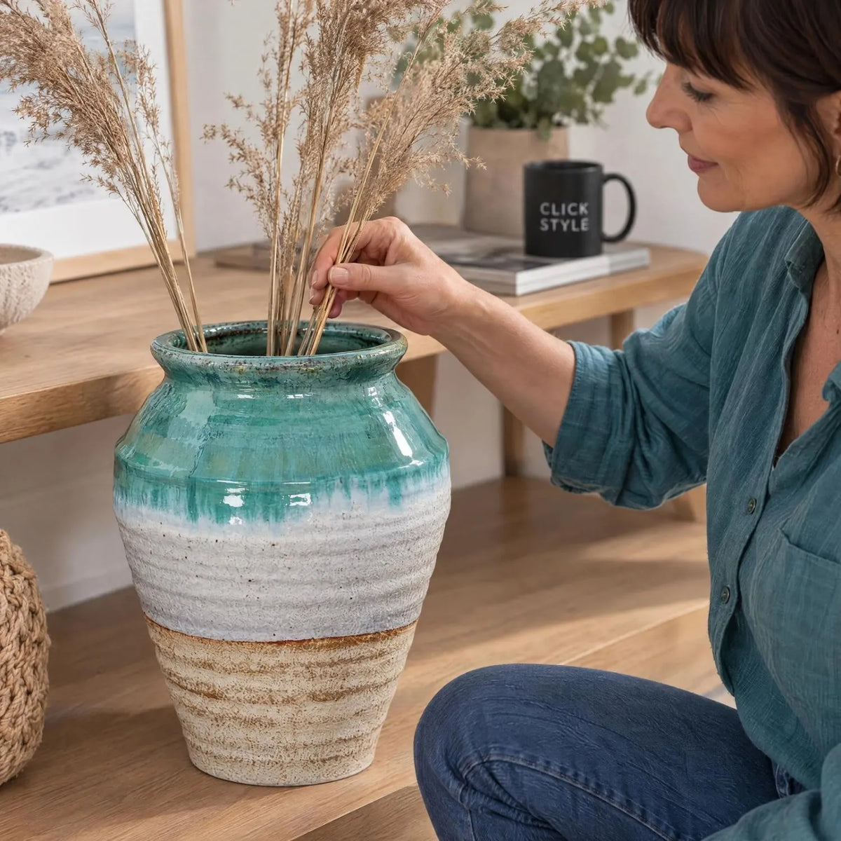 Coastal Green Teal White & Light Brown Glazed Ceramic Olpe Vase with Rolled Rim – Textured Floor Standing Vase 35x28x28cm – Woman Styling with Dried Grasses | Click Style