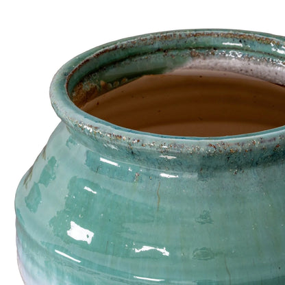 Coastal Green Teal White & Light Brown Glazed Ceramic Olpe Vase with Rolled Rim – Textured Floor Standing Vase 35x28x28cm – Rolled Rim Opening & Green Teal Glaze Close-Up | Click Style