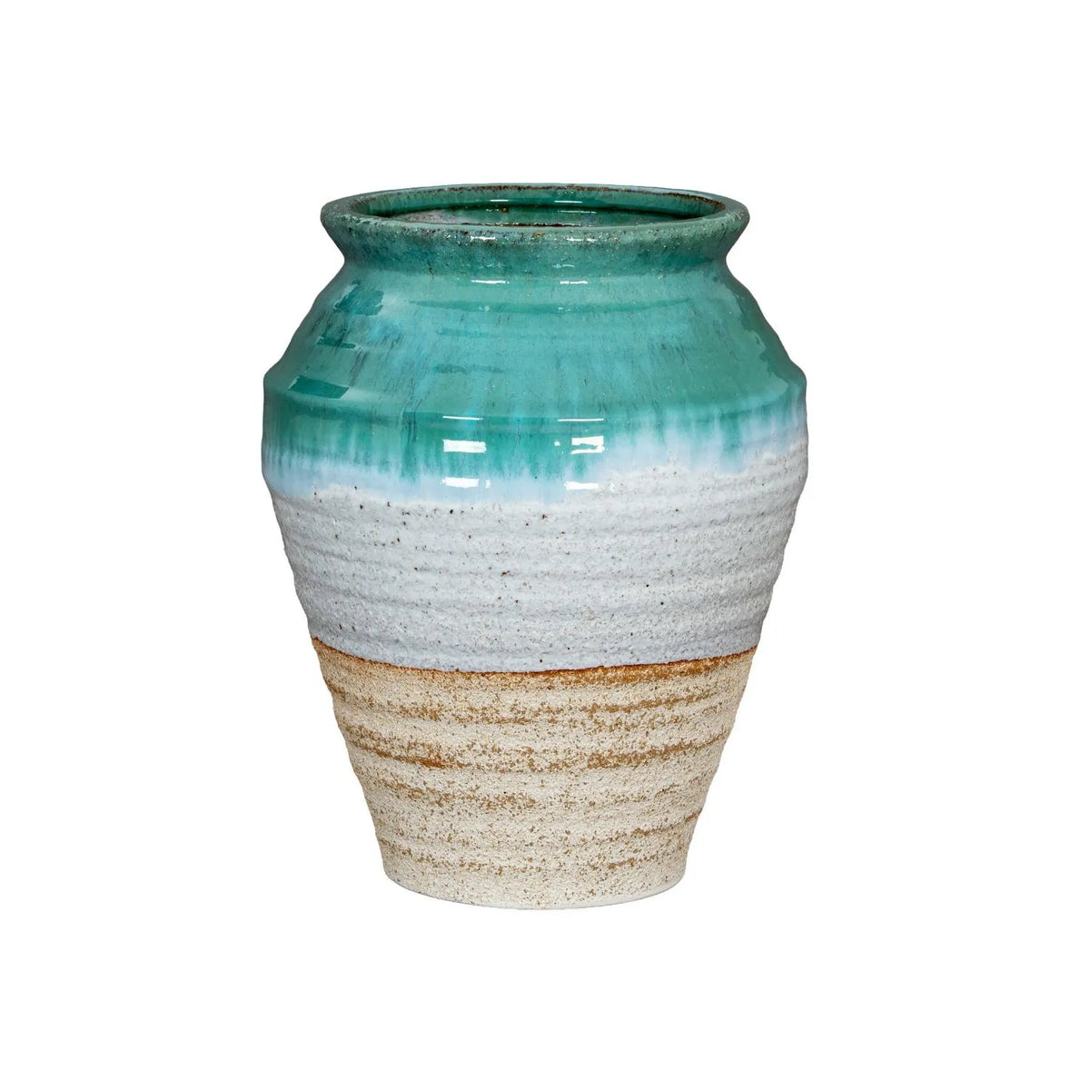 Coastal Green Teal White & Light Brown Glazed Ceramic Olpe Vase with Rolled Rim – Textured Floor Standing Vase 35x28x28cm – Full Front Product View | Click Style